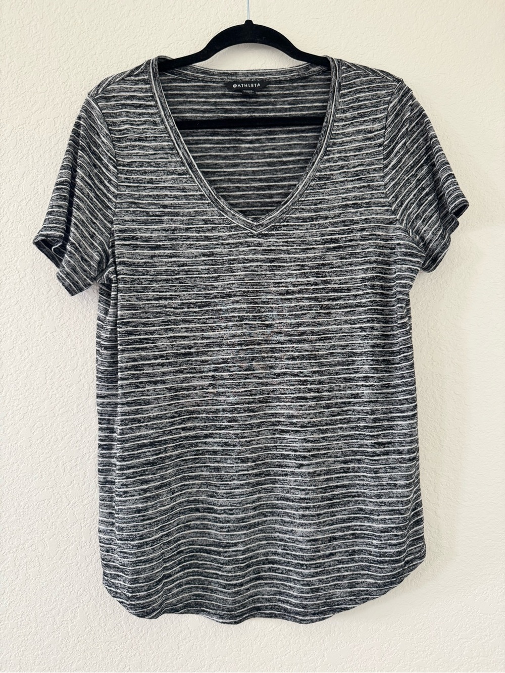 Athleta Breezy Scoop V-Neck Tee Charcoal Stripe